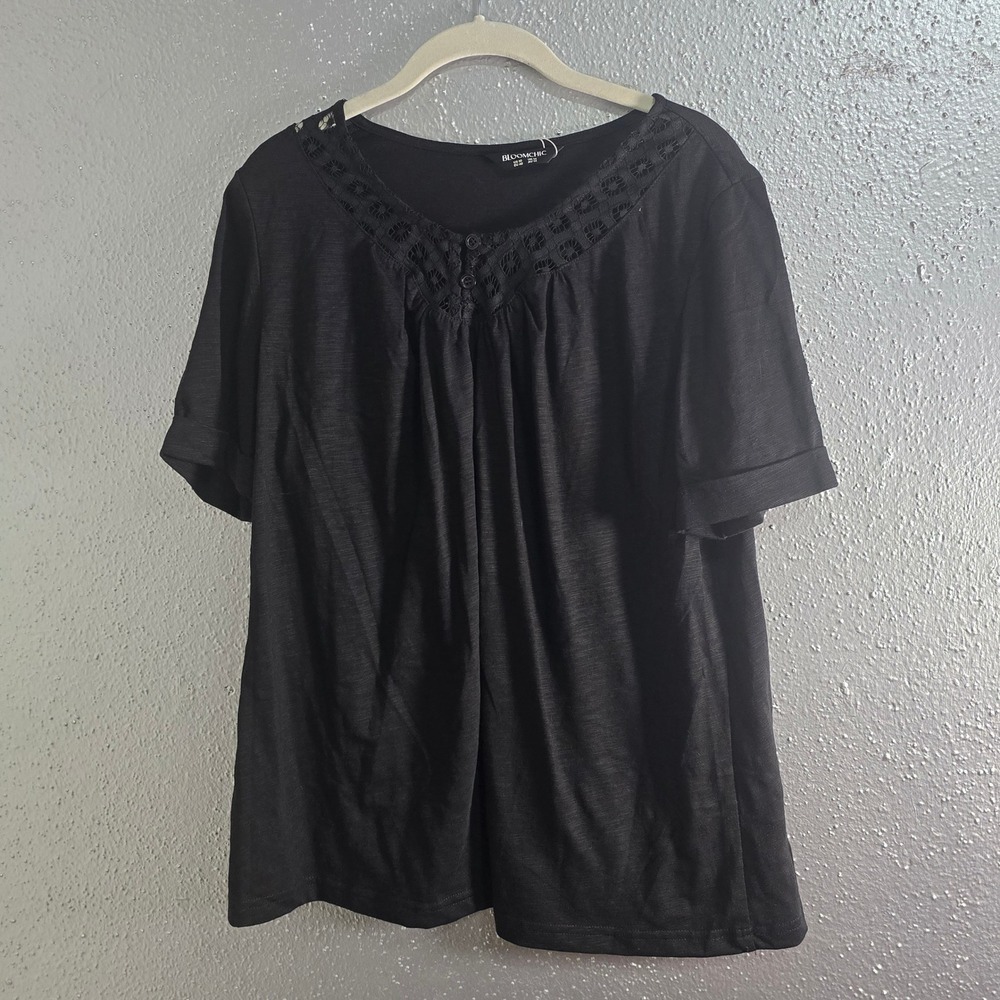 Bloomchic Black Slub Knit Top Crochet Lace Trim Short Sleeve Blouse US 10